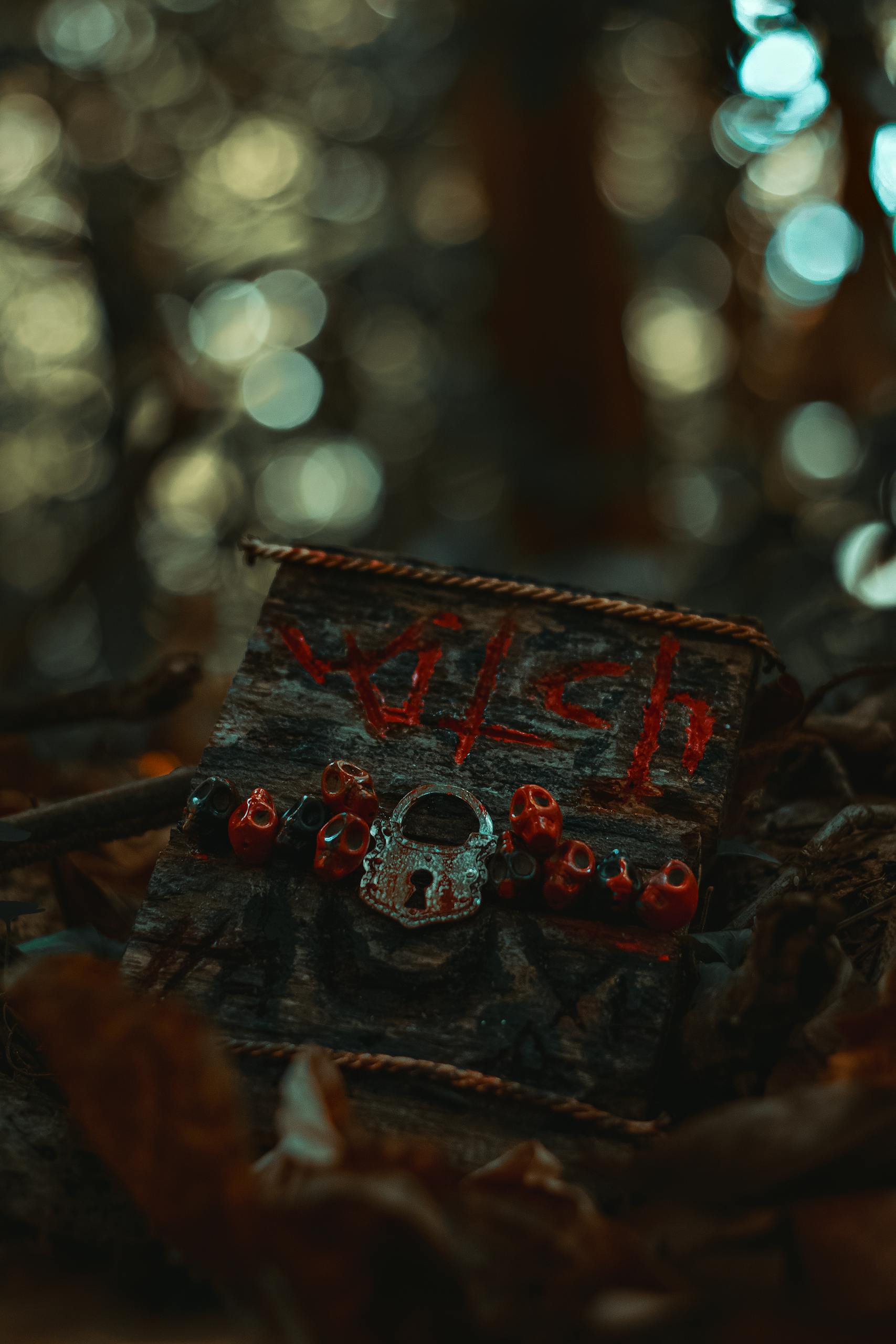 Close-up of a vintage padlock on a wooden board, surrounded by mysterious symbols in a forest setting.